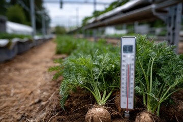 An image capturing a temperature gauge amidst freshly grown carrots in a greenhouse, emphasizing the importance of climate control for successful agriculture and crop health.