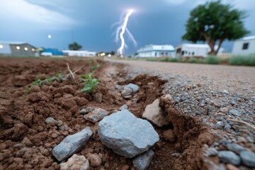 Fototapeta premium An intense scene capturing lightning striking during a storm, with a focus on rocky soil in the foreground, symbolizing nature's power and the drama of weather phenomena.