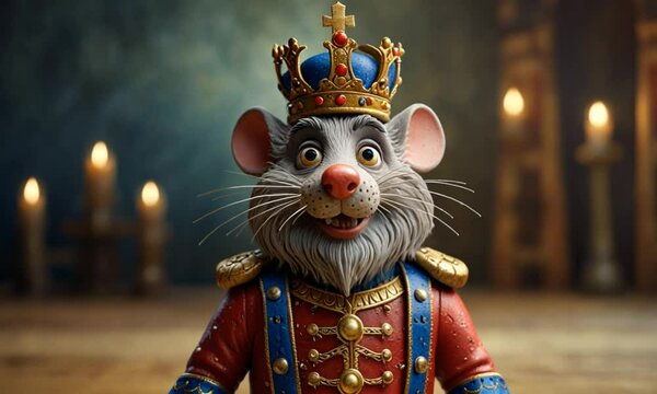 Rat King in Candlelit Cave Wearing Red Uniform and Golden Crown &ndash; 3D Fantasy Character Scene