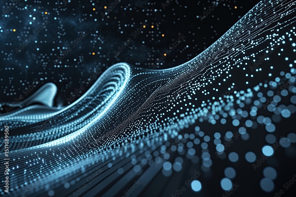 Poster futuristic abstract digital wave of particles with grid patterns in dark space background