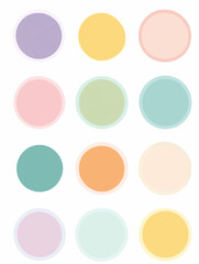 Flat vector sheet of round planner stickers in soft pastel colors with clean outlines, ideal for bullet journaling, mood tracking, printables, and productivity planners