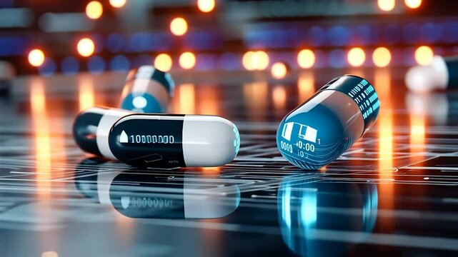 Digital medicine capsules on circuit board surface with binary code pattern and technology theme