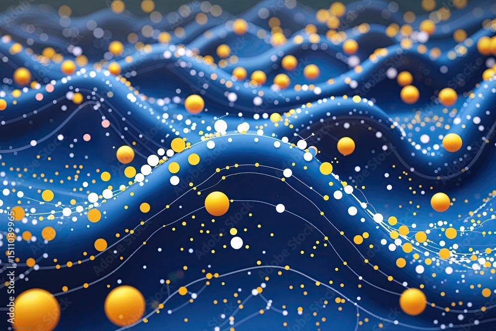 Poster dynamic 3d technology design featuring vibrant waves with floating dots and lines for enhanced conne