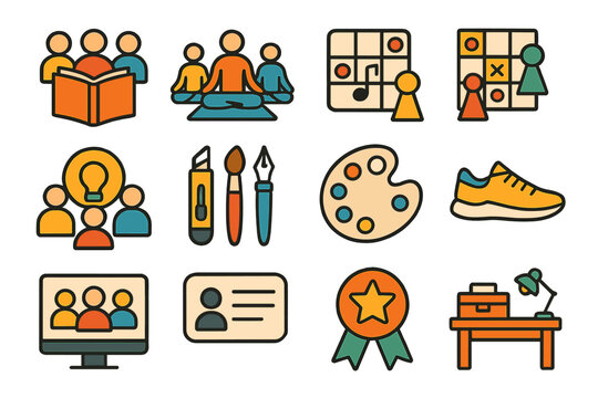Colorful icons of activities and hobbies for learning and creativity