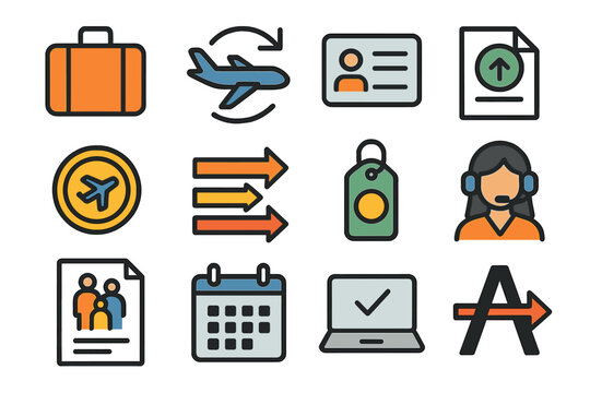 Travel and booking icons set featuring flights and customer support
