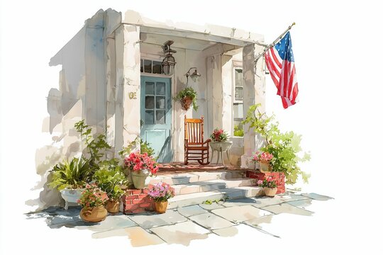 Charming american porch with rocking chair and flag in blooming garden