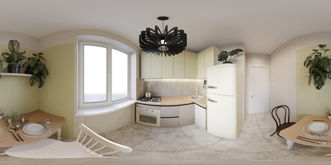 Full spherical seamless hdri 360 panorama in equirectangular projection in interior of green kitchen in modern flat apartments, VR content