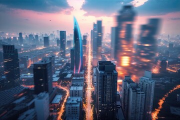 Fototapeta premium Futuristic Digital Cityscape with Dreamy Blur Effect in New Delhi Urban Landscape