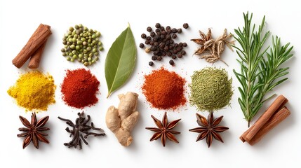 Assortment of herbs and spices arranged on white background top view Natural ingredients for flavor and health