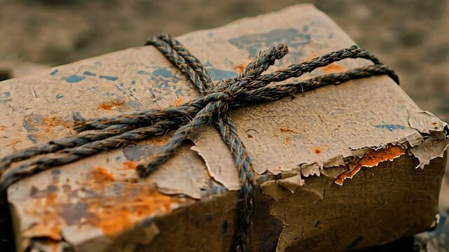 A weathered package tied with twine, hinting at a forgotten story or journey.