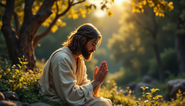 Jesucristo orando con manos juntas al aire libre entre &aacute;rboles en tranquilo amanecer. Luz serena, c&aacute;lida, dorada, atm&oacute;sfera sagrada y divina, conexi&oacute;n espiritual, cristianismo. Pascua, Semana Santa.