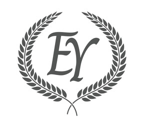 Initial letter E and Y, EY monogram logo design with laurel wreath. Luxury calligraphy font.