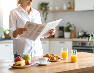 Woman reading newspaper at breakfast (1)