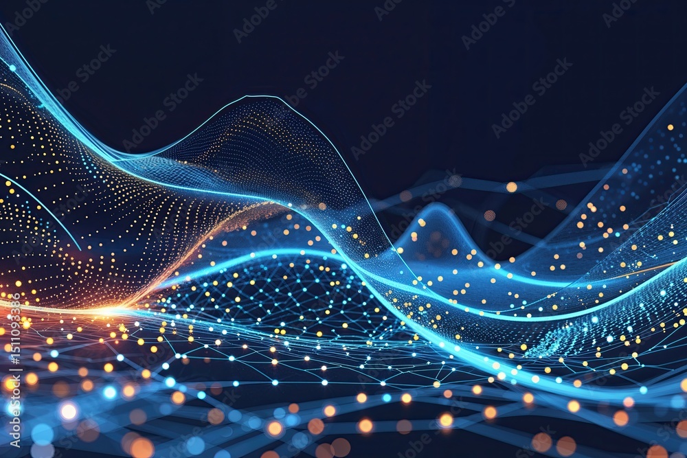 Poster futuristic tech illustration of artistic wave design with shifting dots and lines in a dynamic netwo