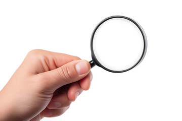 Hand holding a magnifying glass isolated on white background