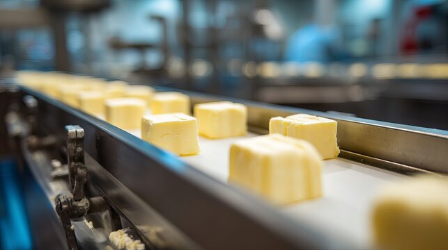 Closeup of butter cubes on conveyor in a food plant Modern processing for further manufacturing in food industry