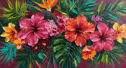 A vibrant oil painting showcases a lush tropical floral arrangement, featuring hibiscus blooms, palm leaves, and exotic bird of paradise flowers against a rich, deep burgundy background.