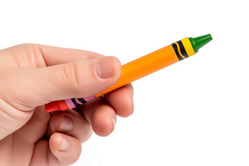 Hand holding a crayon isolated on white background