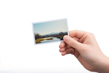 Hand holding a photo print isolated on white background