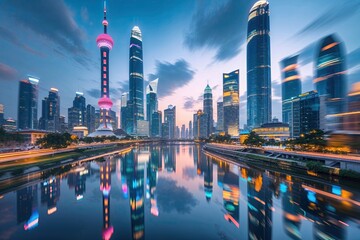 Fototapeta premium Cutting-Edge Urban Environment with Vibrational Blur Reflecting Digital Skyline in ShanghaiFuturistic Vision of Next-Gen Urban Panorama with Blurring Effects in Kuala Lumpur