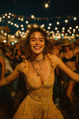 Jeune femme souriante dansant dans un festival de musique en plein air, ambiance festive avec guirlandes lumineuses et foule en arrière-plan