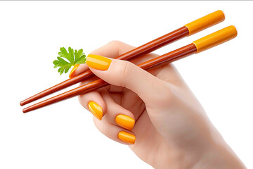 Closeup of a womans hand holding chopsticks isolated on a white background Detailed photograph PNG format