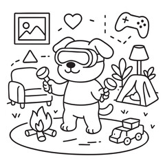 A charming black and white drawing featuring a playful dog that is joyfully wearing a virtual reality headset, fully immersed in its virtual adventure