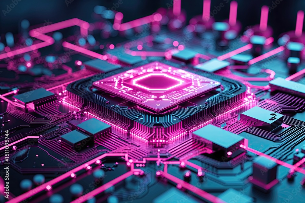 Poster futuristic technology backdrop: advanced quantum computational paradigms with distinctive magenta ci