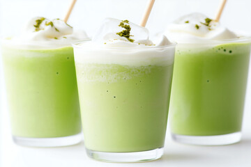 Three vibrant green matcha beverages are elegantly presented in clear glasses