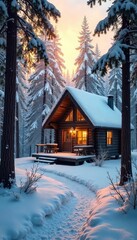 A rustic cabin nestled in a snowy forest, sunlight filtering through the trees creating a warm, inviting glow Perfect for winter wonderland, hygge, and cozy escape themes , mountain, hygge