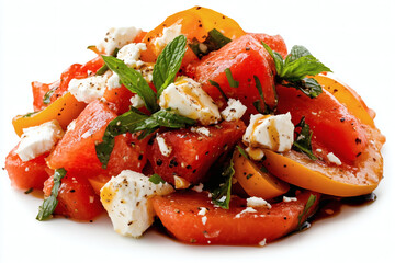 Fresh watermelon cubes mixed with ripe peaches and crumbled feta cheese, garnished with mint leaves. This vibrant salad is perfect for a summer gathering
