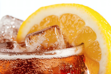 A chilled drink filled with ice cubes and bubbly soda features a fresh lemon slice on the rim, perfect for hot weather and relaxation
