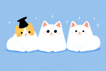 Obraz premium Three adorable cartoon cats sit together on a soft blue background, showcasing their unique features and playful expressions. One wears a small black hat