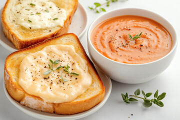 Delicious creamy soup is served in a bowl alongside toasted bread topped with a smooth spread. Ideal for enjoying a warm meal on a cold day at home