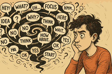 ADHD mental health concept. Young man overwhelmed by a chaotic whirlwind of thoughts, struggling with focus, distraction, and anxiety. Neurodiversity, stress, and inner chaos illustration.