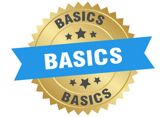 basics. basics round blue and gold label isolated on transparent background