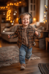 Enfant souriant avec casque audio écoutant de la musique à la maison, ambiance chaleureuse et lumineuse, moment joyeux de découverte musicale, concept d’émotion et de bonheur