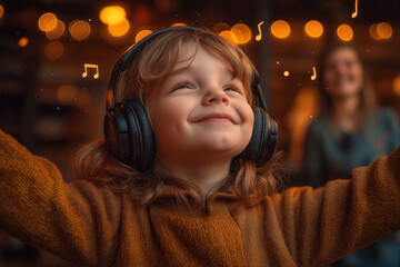 Enfant souriant avec casque audio écoutant de la musique à la maison, ambiance chaleureuse et lumineuse, moment joyeux de découverte musicale, concept d’émotion et de bonheur