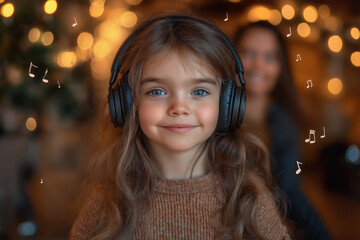 Enfant souriant avec casque audio écoutant de la musique à la maison, ambiance chaleureuse et lumineuse, moment joyeux de découverte musicale, concept d’émotion et de bonheur
