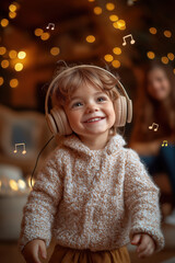 Enfant souriant avec casque audio écoutant de la musique à la maison, ambiance chaleureuse et lumineuse, moment joyeux de découverte musicale, concept d’émotion et de bonheur