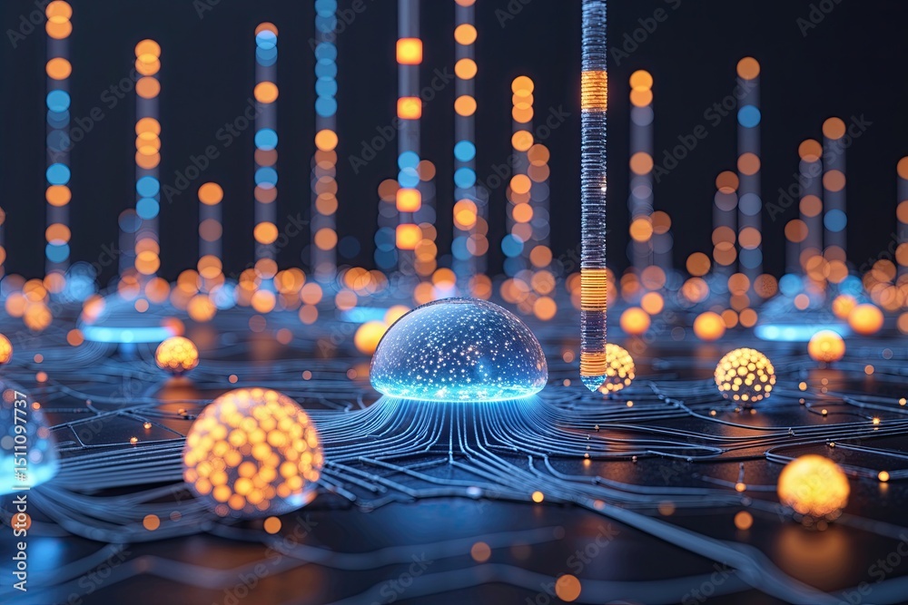 Poster advanced electronic ecosystem with glowing particles and data distribution network model