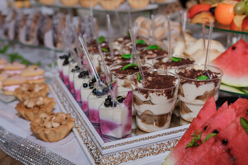 Elegant dessert table overflowing with miniature treats like tiramisu, berry parfaits, and colorful fruit skewers presented on a decorative silver platter, showcasing a lavish event