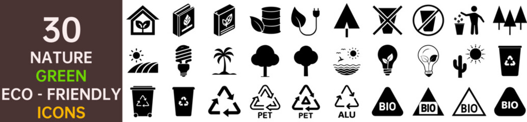 Fototapeta premium Nature and Green themed Vector Icon Set. Includes house, book, light bulb, trees, recycling symbols, sun, palm, cactus, bin icons and more. Editable icons. Vector illustrations.