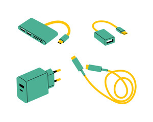Set of unique cables and adapters for electronic devices. Technology accessories collection with connectors, plugs, and wires in flat style