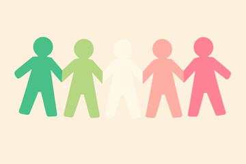 Abrosexual pride awareness concept with paper doll chain in flag colors. Green, white, pink figures symbolizing unity, diversity, inclusion, community, support, and LGBTQ connection.
