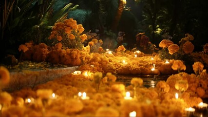 Golden marigold flowers and flickering candle flames adorn a memorial altar for Day of the Dead holiday celebration in a nighttime setting. - Powered by Adobe