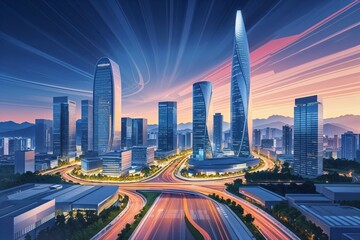 Fototapeta premium Illustration of Innovative Urban Center with Swirled Blur Depicting a Modern Cityscape in Seoul, South Korea