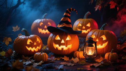 Glowing Jack-o'-Lanterns with Witch Hat and Lantern on Halloween Night