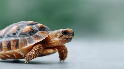 Fototapeta premium Focused portrait of a tortoise, symbolizing patience and persistence. Ideal for themes of longevity, steady progress, and natures wonders. A perfect image for animal lovers.