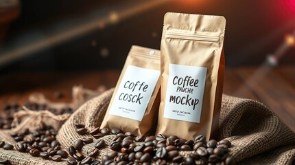 Two coffee bags, mockup design, on burlap with coffee beans